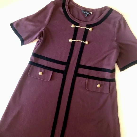 Ming Wang button detail contrast trim soft knit dress  burgundy black size M - Picture 9 of 14